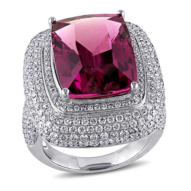 Allura Cushion-Cut Pink Tourmaline and 2.71 CT. T.W. Diamond Halo Cocktail Ring in 14K White Gold