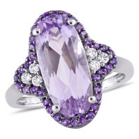 Oval-Cut Rose de France and Amethyst with 0.11 CT. Diamond Quatrefoil Cocktail Ring in 14K White Gold