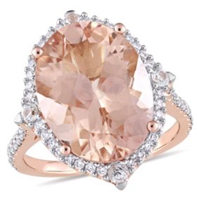 Allura Oval-Cut Morganite White Sapphire and 0.34 CT. Diamond Halo Ring in 14K Rose Gold