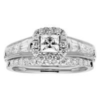1.0 CT. T.W. Princess Diamond Halo Bridal Set in 14K Gold