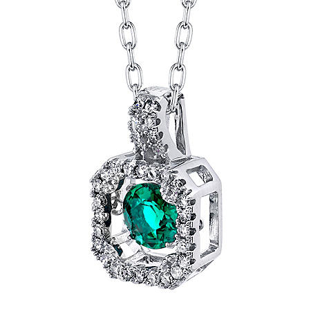 Dancing Lab Emerald with .18tw Diamond Pendant in 14K White Gold