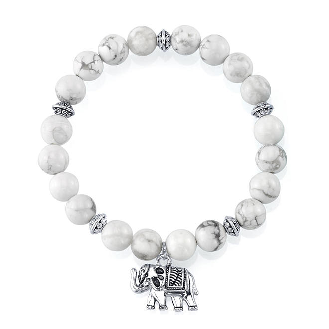 Sterling Silver and White Howlite Bead Stretch Bracelet with Sterling Silver Charm