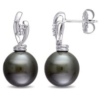 11-11.5 mm Black Round Tahitian Pearl and Diamond Accent Drop Earrings in 14K White Gold