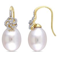 10-10.5 mm White Drop South Sea Pearl and 0.22 CT.T.W. Diamond Floral Earrings in 14K Yellow Gold