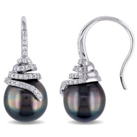 10-10.5 mm Black Drop Tahitian Pearl and 0.28 CT.T.W. Diamond Earrings in 14K White Gold