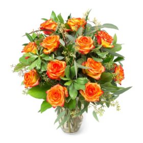 Member's Mark Roses Bouquet w/ Greenery + Vase (Choose Color & Stem Count)