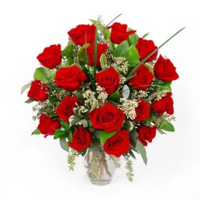 Member's Mark Red Roses Bouquet w/ Greenery + Vase (Choose Stem Count)