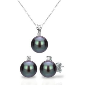7-7.5MM Freshwater Pearl and Diamond Pendant and Earring Set