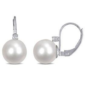 9-10 mm White Round South Sea Pearl and Diamond Accent Earring in 14K White Gold