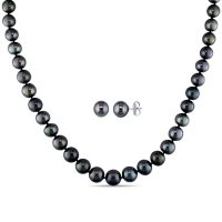 8-10 mm Black Tahitian Pearl Strand Necklace and 9-10 mm Stud Earrings Set in 14K White Gold