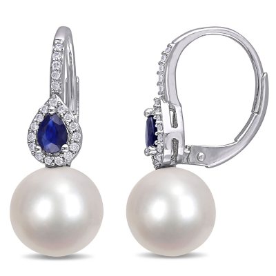 9-9.5 mm Round Cultured Freshwater Pearl and Blue Sapphire with 0.11 CT.  T.W. Diamond Earrings in 14K White Gold