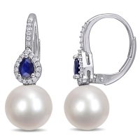 9-9.5 mm White Round Cultured Freshwater Pearl and Blue Sapphire with 0.11 CT. T.W. Diamond Teardrop Earrings in 14K White Gold
