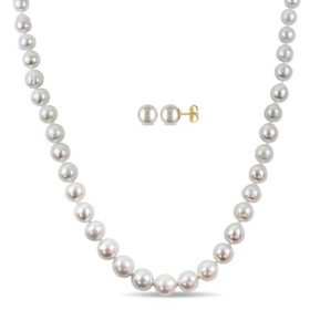 Allura 9-11 mm White South Sea Pearl Strand Necklace and 9-10 mm Stud Earrings Set in 14K Yellow Gold