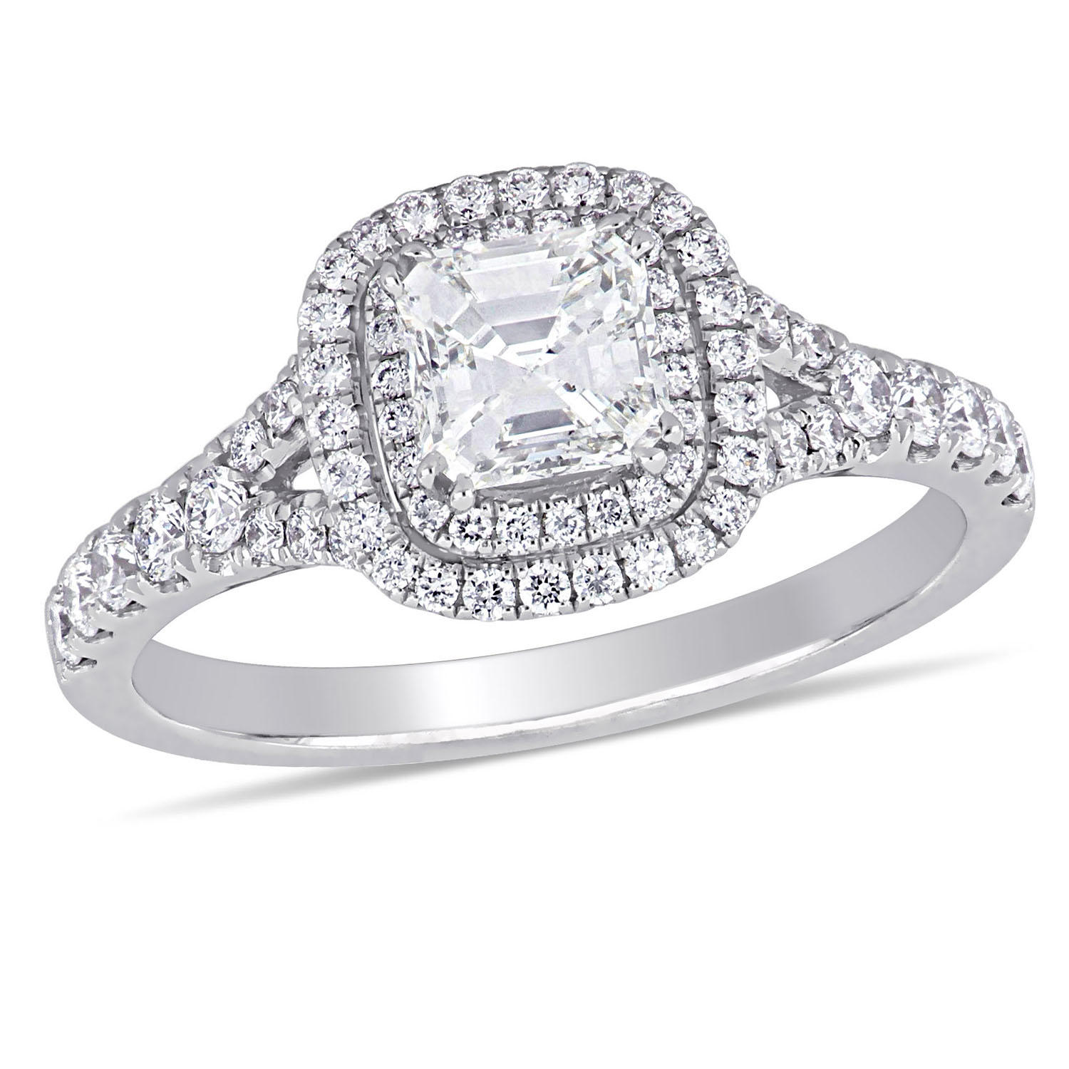 Allura 1.18 CT Asscher and Round-Cut Diamonds Double Halo Engagement Ring in 14k White Gold