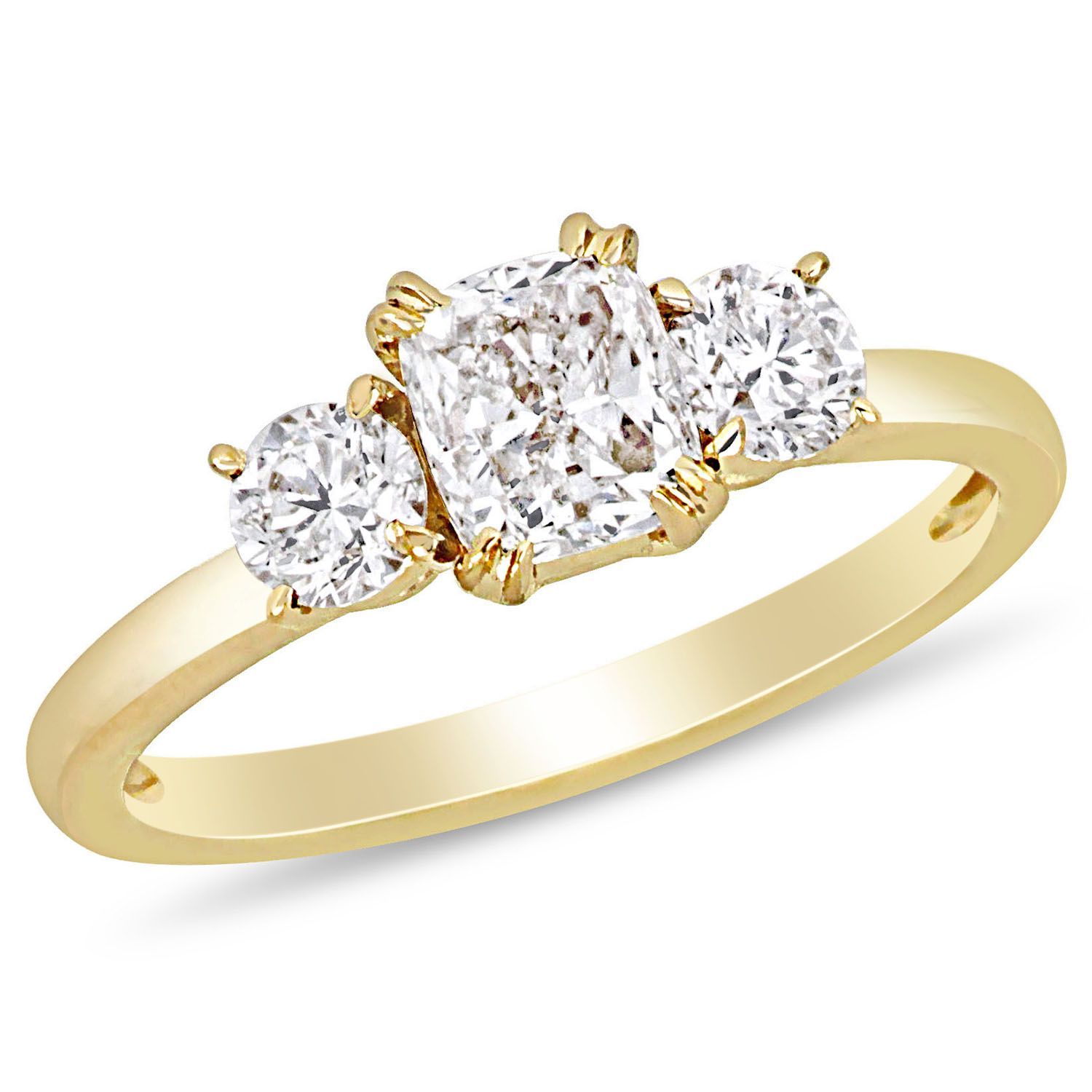 Allura 1.5 CT Cushion and Round-Cut Diamond Three Stone Engagement Ring in 14k Yellow Gold