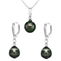 8-10mm Tahitian South Sea Baroque Pearl Pyramid-Cut Beads Pendant & Leverback Earrings Set in Rhodium Plated Sterling Silver