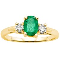 Three Stone Oval Emerald Ring with .20CT. T.W. Diamond Set in 14K Gold