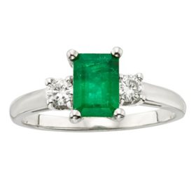 Emerald Cut Emerald & 0.20 CT. T.W. 3-Stone Diamond Ring in 14K Gold