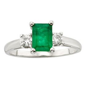 Three Stone Octagonal Emerald Ring with .20CT. T.W. Diamond Set in 14K Gold