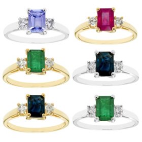 Emerald Cut Natural Gemstone & 0.20 CT. T.W. 3-Stone Diamond Ring in 14K Gold