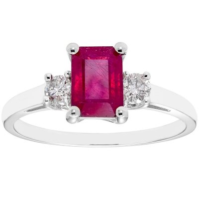 Three Stone Octagonal Ruby Ring with .20CT. T.W. Diamond Set in 14K ...