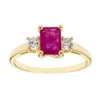 Three Stone Octagonal Ruby Ring with .20CT. T.W. Diamond Set in 14K Gold