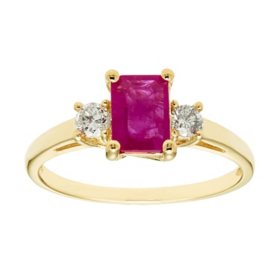 Three Stone Octagonal Ruby Ring with 0.20CT. T.W. Diamond Set in 14K Gold