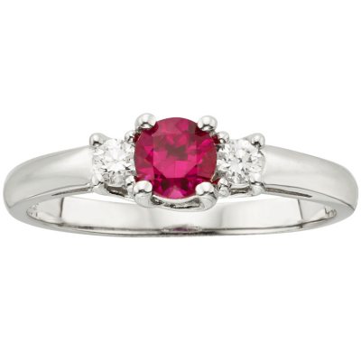 Three Stone Round Ruby Ring with 0.14 CT. T.W. Diamond Set in 14K Gold ...