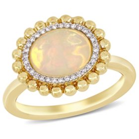 Oval-Cut Yellow Ethiopian Opal and Diamond Accent Double Halo Ring in 14K Yellow Gold