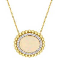 Oval-Cut Yellow Ethiopian Opal and 0.22 CT. Diamond Double Halo Necklace in 14K Yellow Gold