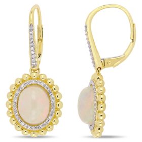 Yellow Ethiopian Opal and 0.22 CT. T.W. Diamond Double Halo Earrings in 14K Yellow Gold