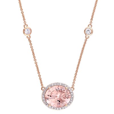 14K Rose Gold Oval Pink Sapphire Diamond Pendant Necklace