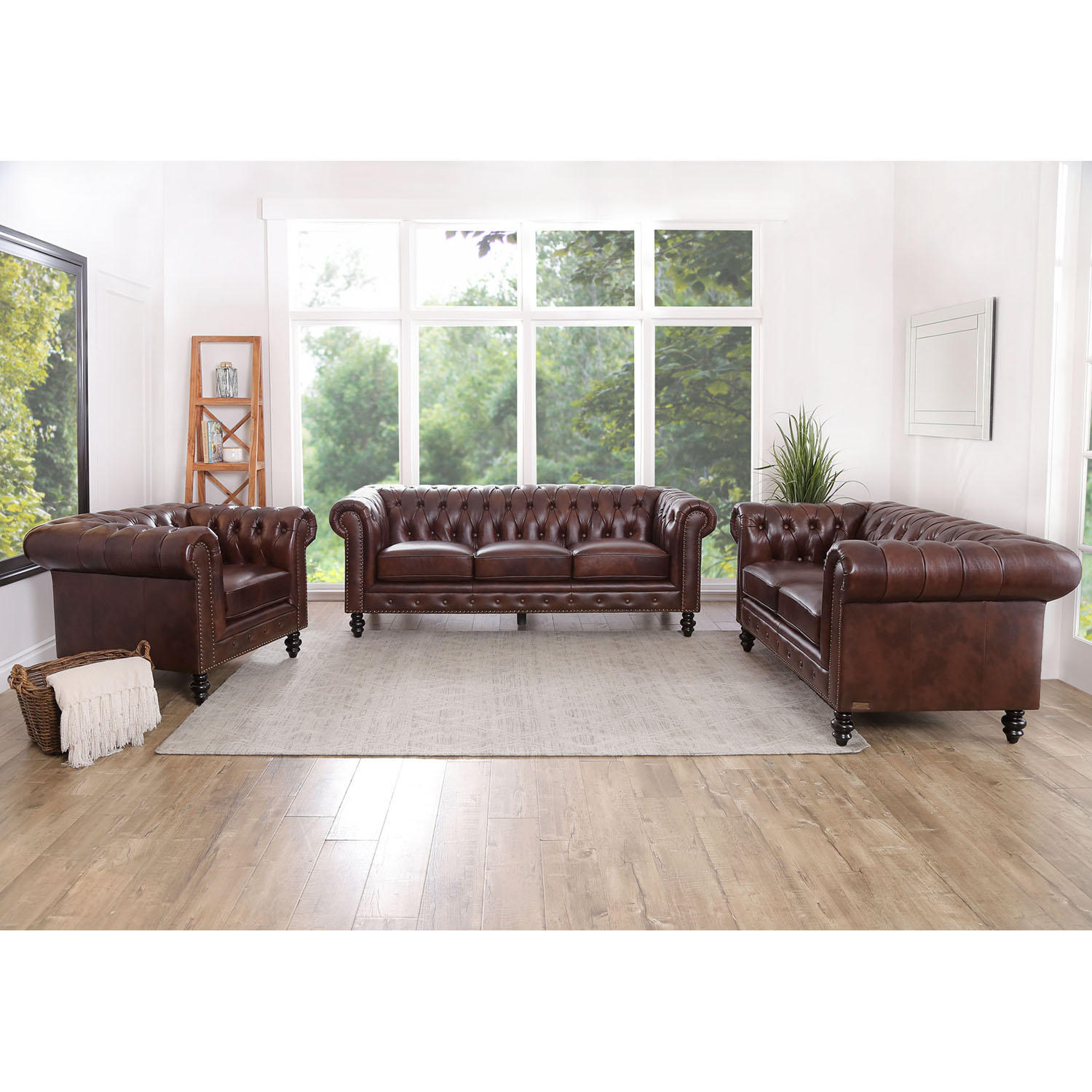 Rockford Brown Top-Grain Leather 3-Piece Sofa Set
