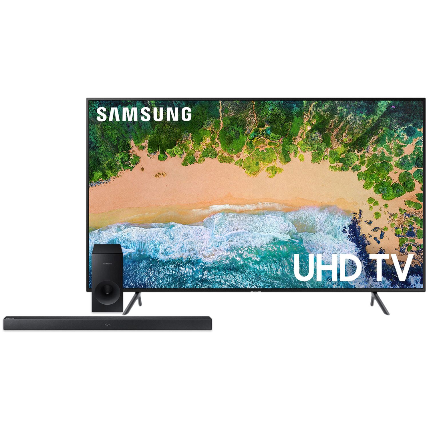 SAMSUNG UN58NU710 58″ 4K Ultra HD Smart LED TV + Samsung HW-K369/ZA 2.1 Channel Soundbar System with Wireless Subwoofer