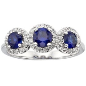 Round Cut Blue Sapphire & 0.19 CT. T.W. Diamond 3-Stone Halo Ring in 14K Gold