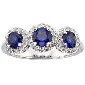 Three Stone Blue Sapphire and 0.19 CT. T.W. Diamond Ring in 14K White Gold