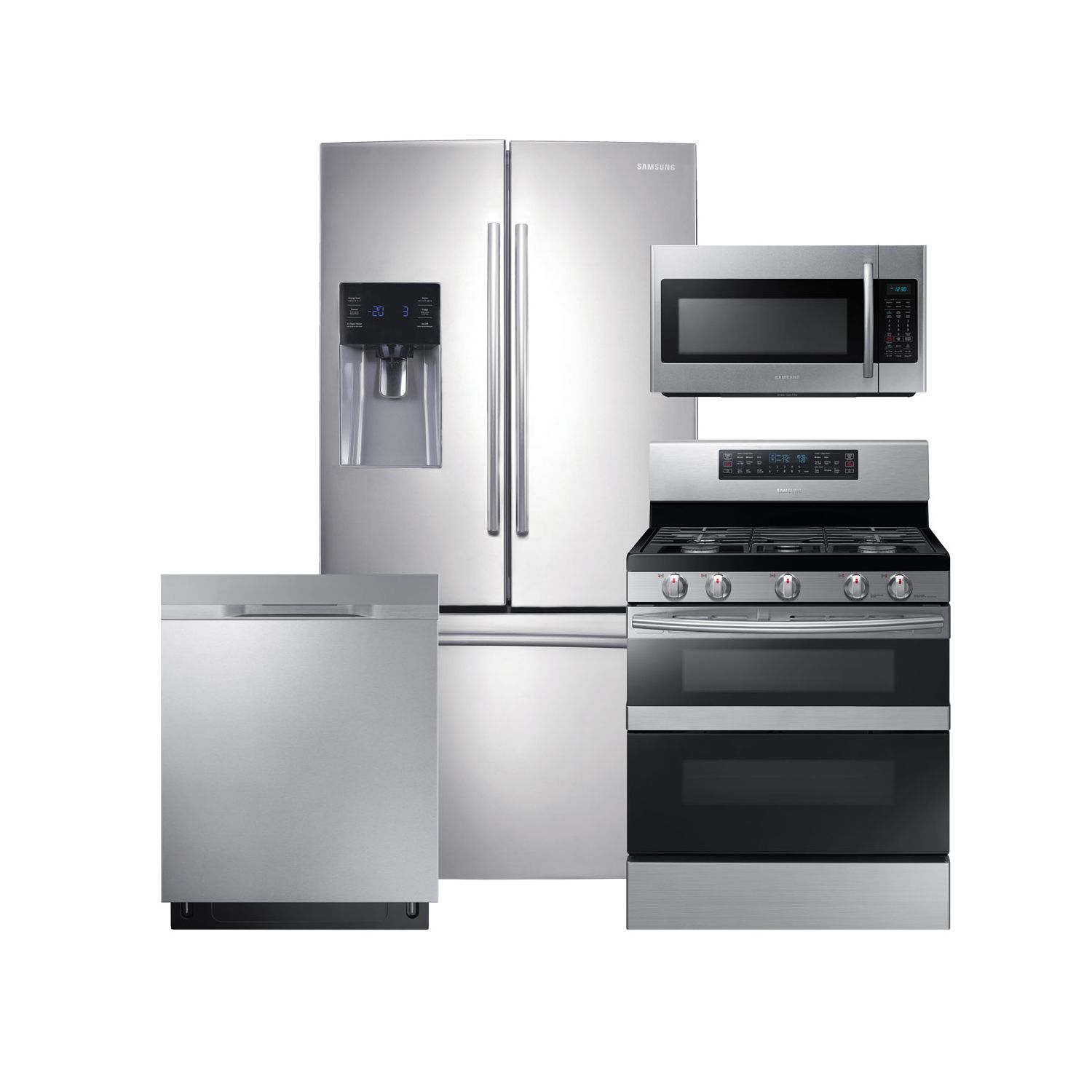 Samsung 3-Door Refrigerator, Flex Duo Gas Range, Microwave, and Dishwasher Package in Stainless Steel Finish