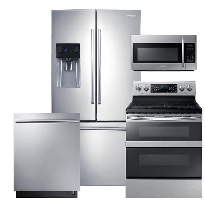 SAMSUNG 3-Door Refrigerator, Flex Duo™ Electric Range, Microwave, and Dishwasher Package - Stainless Steel - RF263BEAESR, ME18H704SFS, NE59M6850SS, DW80K7050US