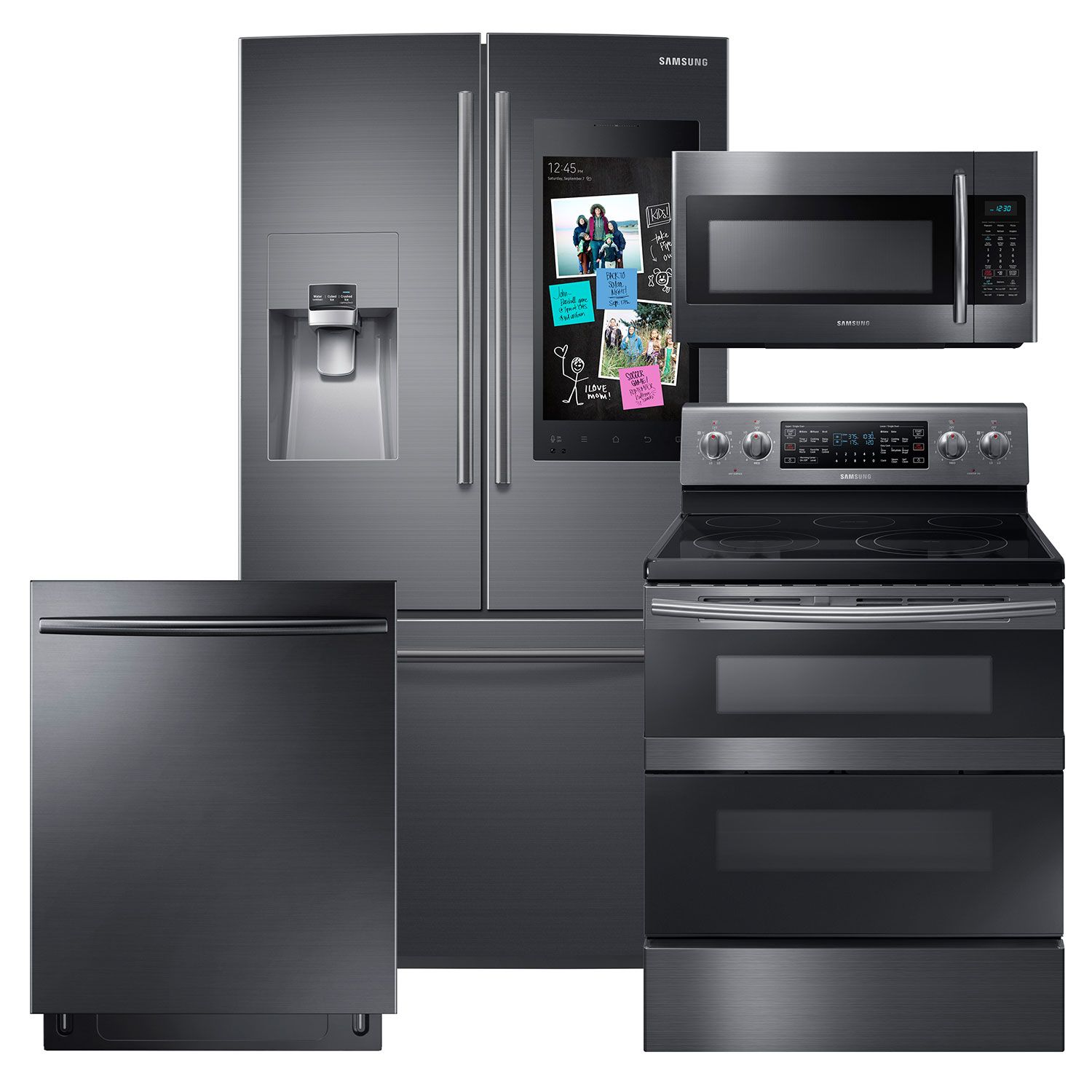 SAMSUNG Family Hub Refrigerator, Flex Duo Electric Range, Microwave, and Dishwasher Package in Black Stainless Steel Finish
