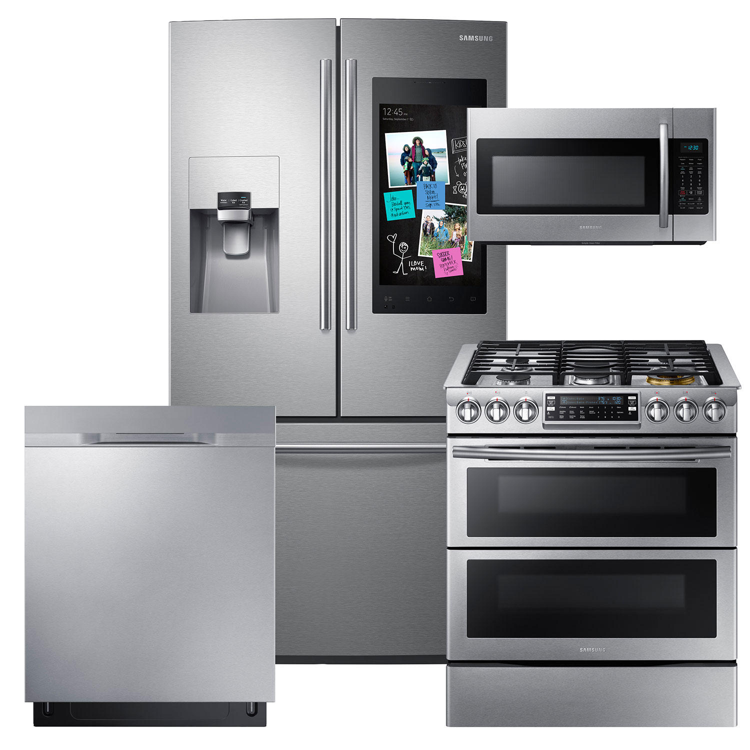 SAMSUNG Family Hub Refrigerator, Slide-In Gas Flex Duo Range , Microwave, and Dishwasher Package in Black Stainless Steel Finish