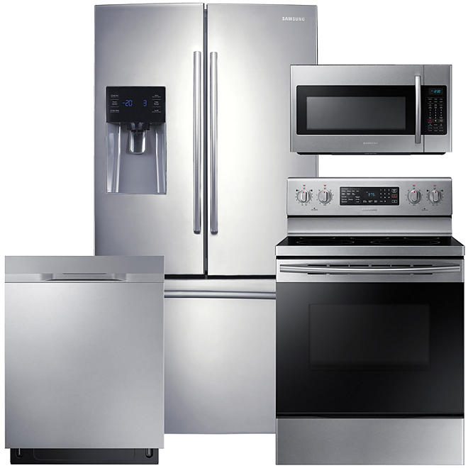 SAMSUNG French Door Refrigerator, Electric Range, Microwave, and Dishwasher Package - Stainless Steel - RF263BEAESR, ME18H704SFS, NE59M4320SS, DW80K5050US