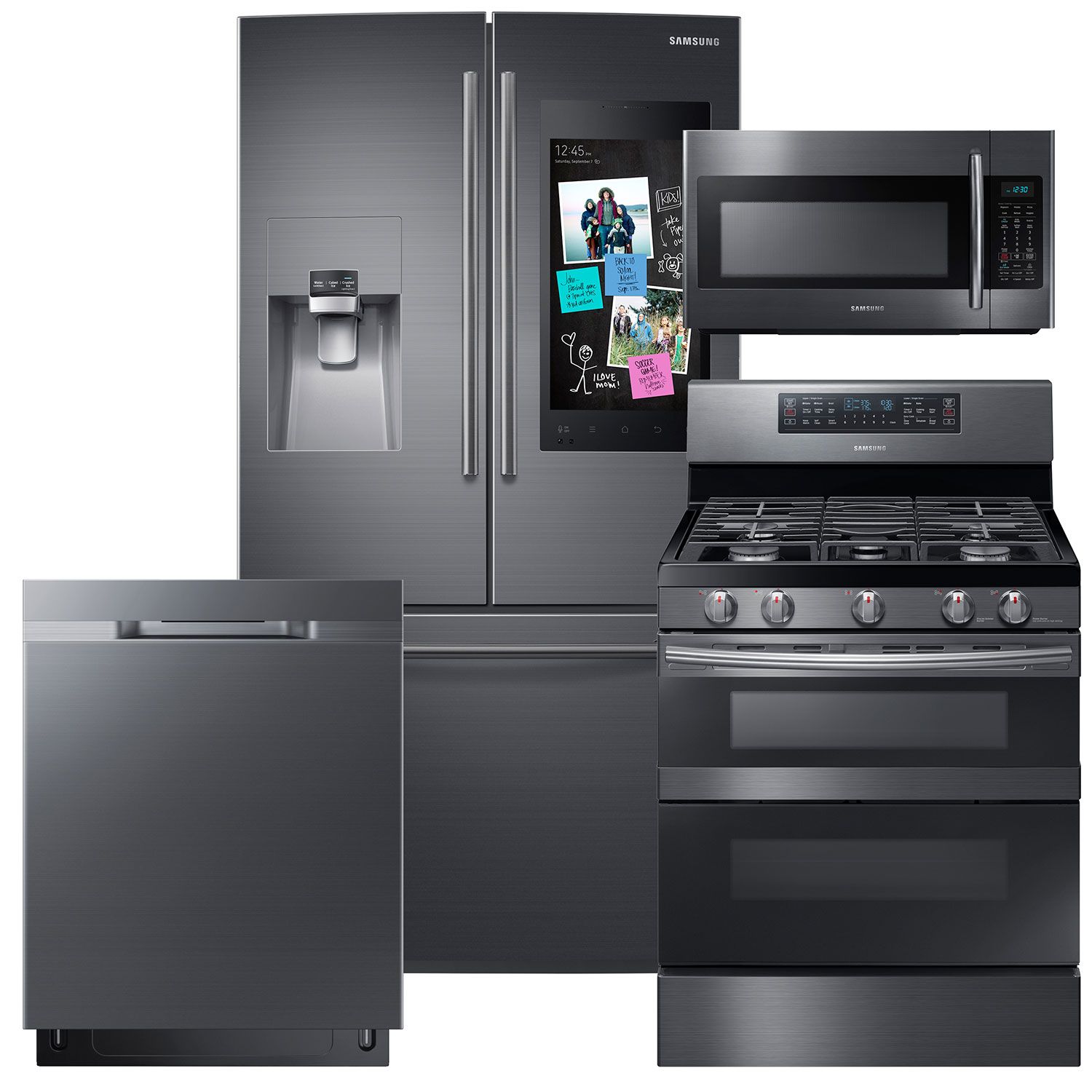 SAMSUNG Family Hub Refrigerator, Flex Duo Gas Range, Microwave, and Dishwasher Package in Black Stainless Steel