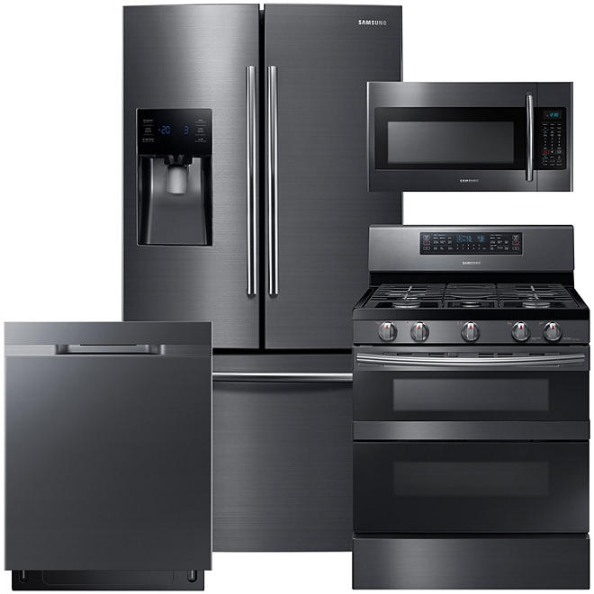SAMSUNG 3-Door Refrigerator, Flex Duo™ Gas Range, Microwave, and Dishwasher Package - Black Stainless Steel - RF263BEAESG, ME18H704SFG, NX58M6850SG, DW80K5050UG
