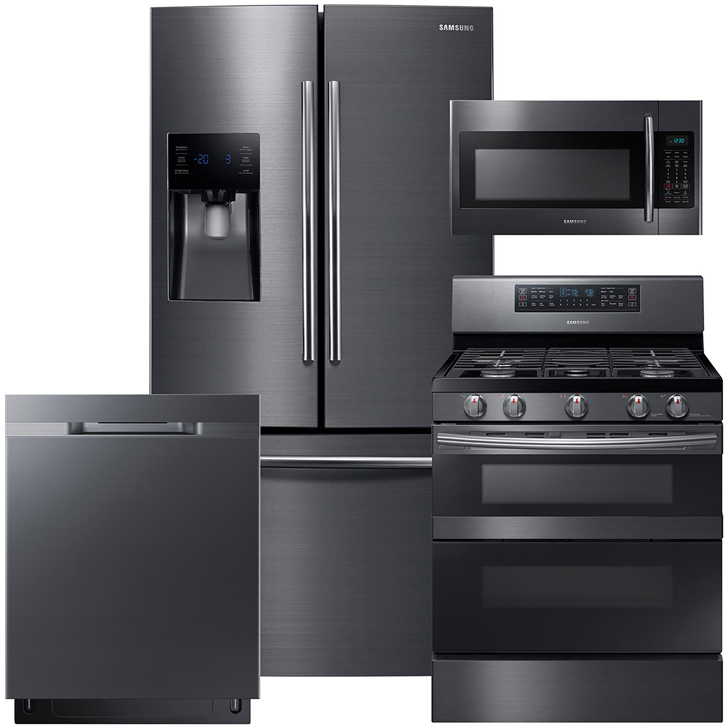 SAMSUNG 3-Door Refrigerator, Flex Duo Electric Range, Microwave, and Dishwasher Package in Black Stainless Steel Finish