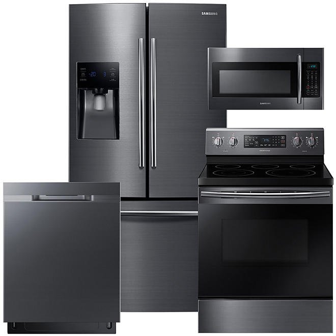SAMSUNG 3-Door Refrigerator, Electric Range, Microwave, and Dishwasher Package - Black Stainless Steel - RF263BEAESG, ME18H704SFG, NE59M4320SG, DW80K5050UG