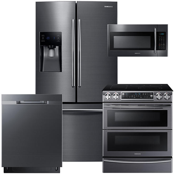 SAMSUNG 3-Door Refrigerator, Slide-In Electric Flex Duo Range, Microwave, and Dishwasher Package - Black Stainless Steel - RF263BEAESG, ME18H704SFG, NE58K9850WG, DW80K5050UG