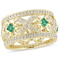 Allura 0.87 CT. T.W. Diamond and Emerald Vintage Ring in 14K Yellow Gold