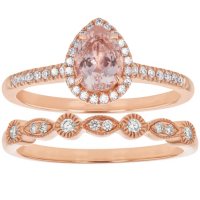 S Collection Pear Shaped Morganite Diamond Halo Ring Set in 14K Rose Gold