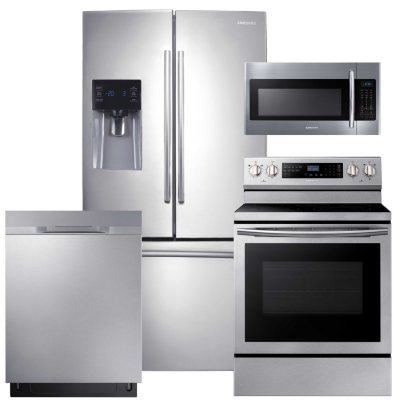 SAMSUNG 3-Door Refrigerator, Electric Range, Microwave, and