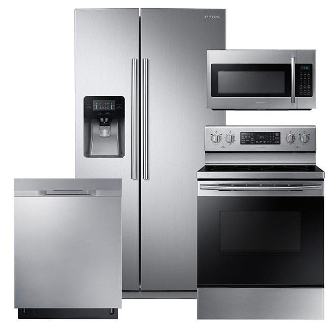 SAMSUNG 24.5 Cu. Ft. Side-by-Side Refrigerator,  Electric Range, Mircowave, and Dishwasher Package - Stainless Steel - RS25J500DSR, NE59M4320SS, DW80K5050US, ME18H704SFS